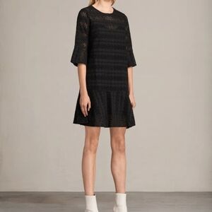 Allsaints Dakota Black Eyelet Lace Bell Sleeved Dress size 4